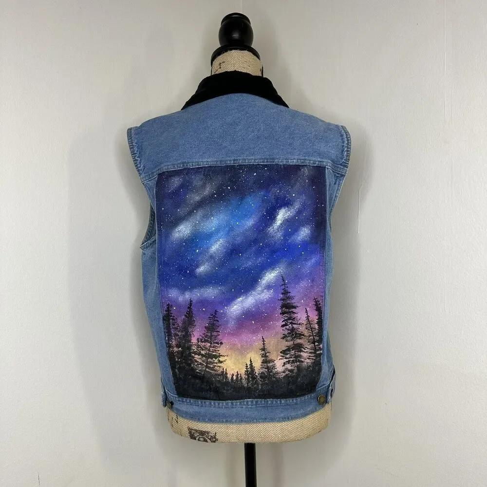 Vintage Hand Painted Denim Vest Womens Size M Forest‎ Stars Generra Art To Wear